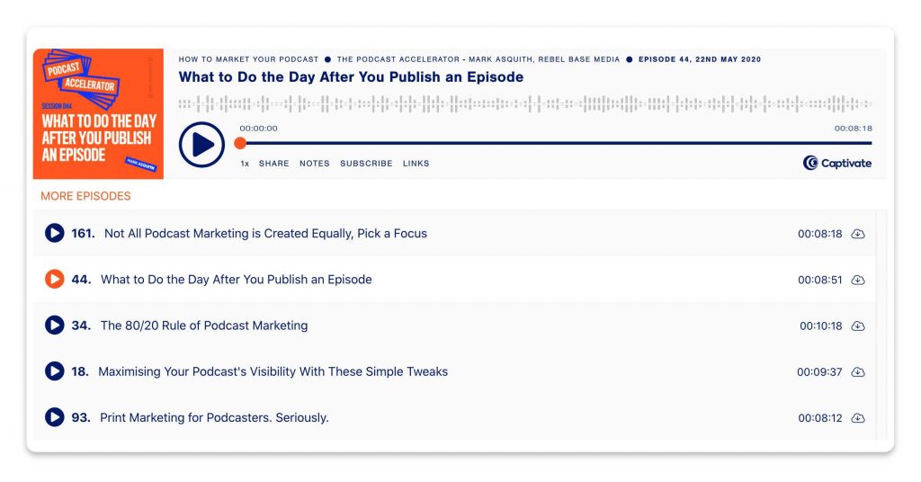 An example of Captivate's Curated Collections, showing a collection named How To Market Your Podcast.