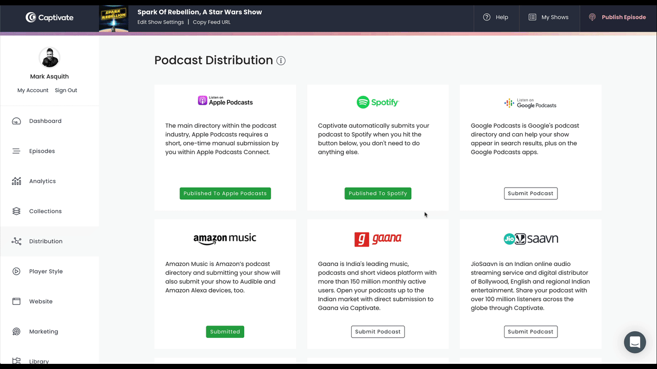 How to get your podcast listed in Jiosaavn using Captivate's one-click submission.