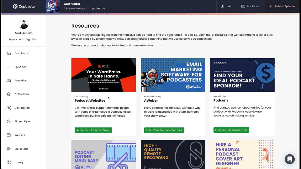 A GIF scrolling through Captivate's new podcaster resources section.