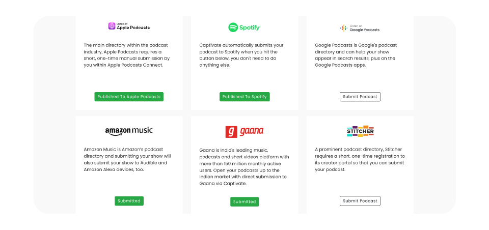 Use Captivate’s central Distribution hub to connect your podcast to all the major directories and aggregators quickly and easily.
