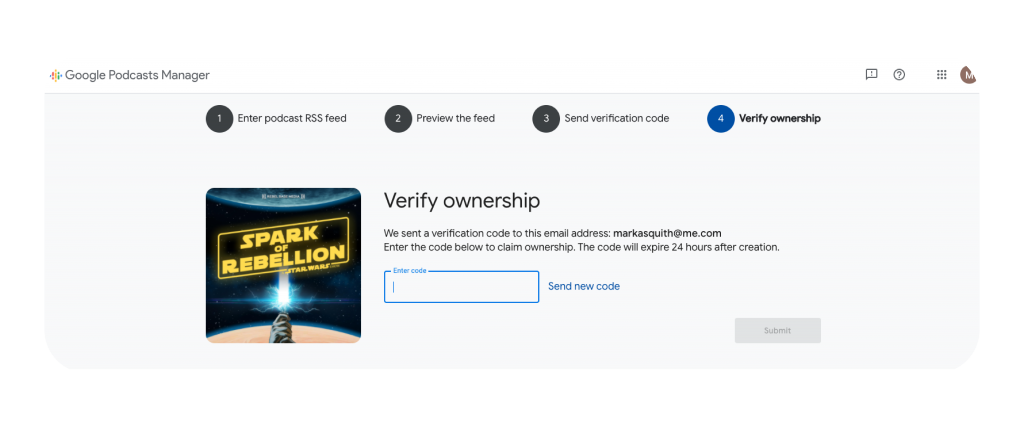 Complete the four-step podcast RSS feed verification on Google Podcasts Manager to get Google to index your podcast.