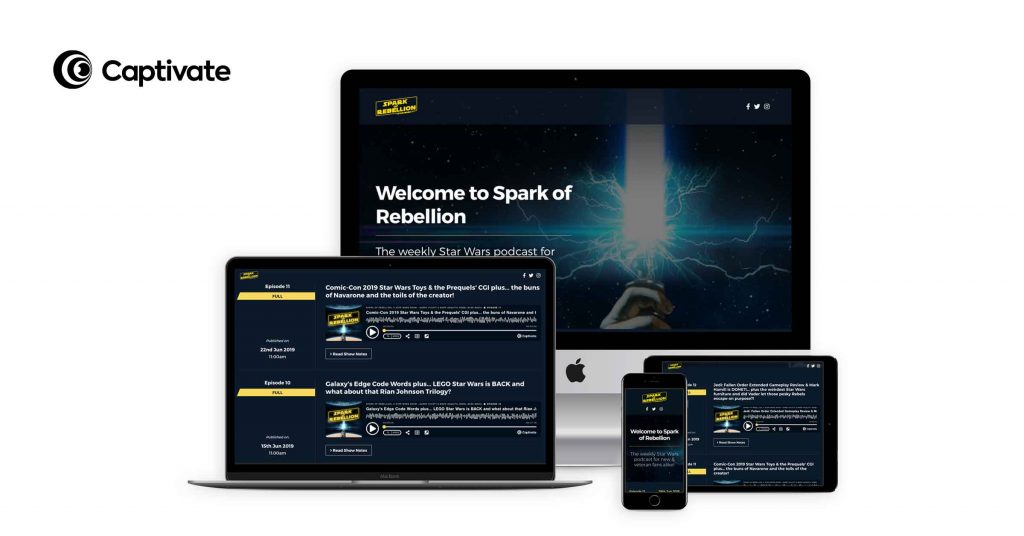 Captivates podcast websites as displayed on laptop, phone and tablet.
