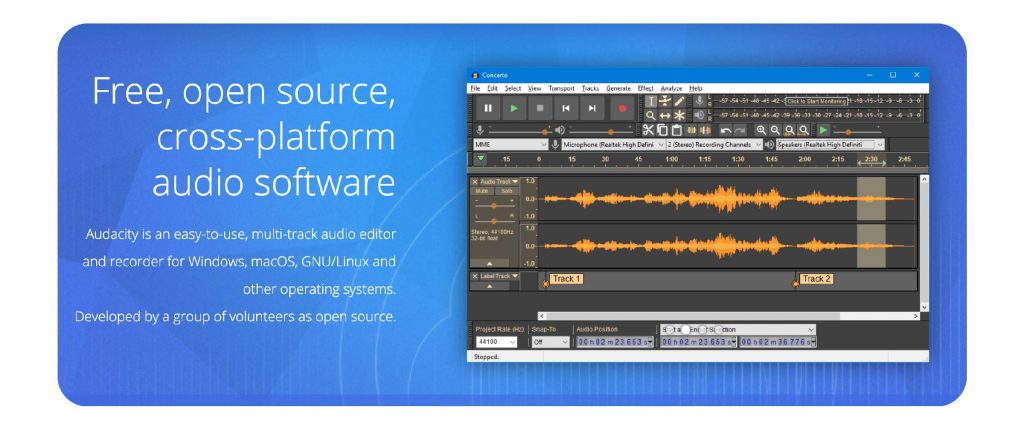 a screenshot of audacity, the free podcast editing and recording software