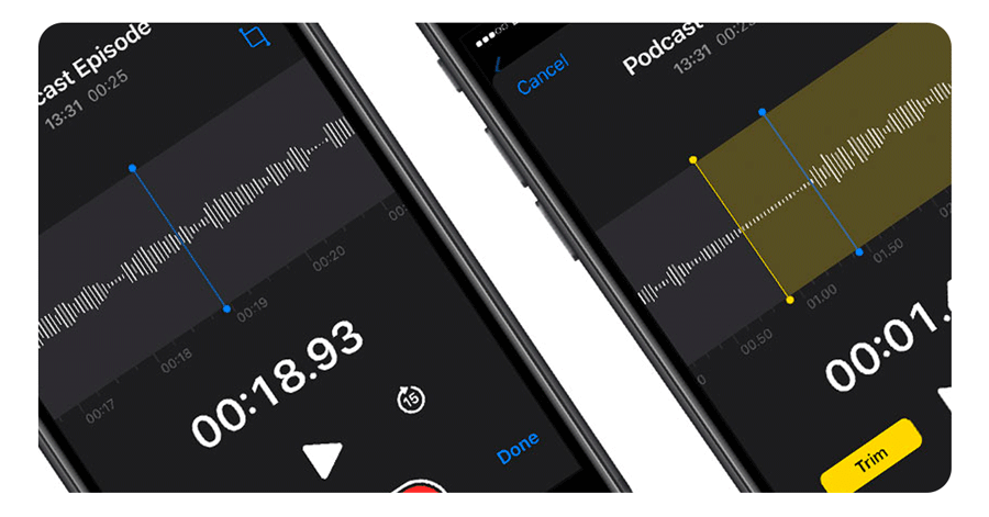 Picture of two iPhones showing the voice memos app.