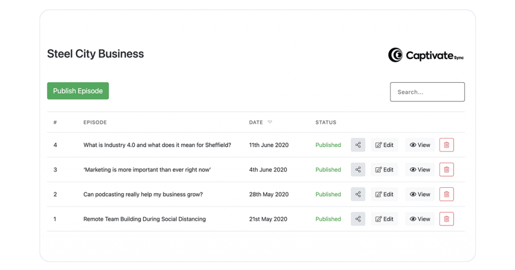 A screenshot showing the Captivate Sync interface within the WordPress dashboard. The screenshot shows the podcast management screen, where you can edit, view and share podcast episodes.