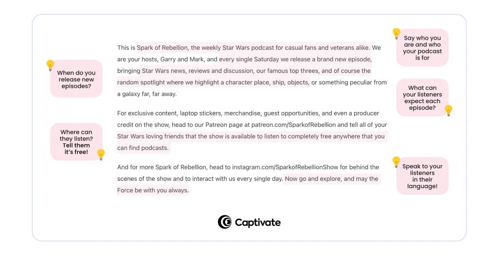 The transcript for the Spark of Rebellion podcast:
This is Spark of Rebellion, the weekly Star Wars podcast for casual fans and veterans alike. We are your hosts, Garry and Mark, and every single Saturday we release a brand new episode, bringing Star Wars news, reviews and discussion, our famous top threes, and of course the random spotlight where we highlight a character place, ship, objects, or something peculiar from a galaxy far, far away.
For exclusive content, laptop stickers, merchandise, guest opportunities, and even a producer credit on the show, head to our Patreon page at patreon.com/SparkofRebellion and tell all of your Star Wars loving friends that the show is available to listen to completely free anywhere that you can find podcasts.
And for more Spark of Rebellion, head to instagram.com/SparkofRebellionShow for behind the scenes of the show and to interact with us every single day. Now go and explore, and may the Force be with you always.