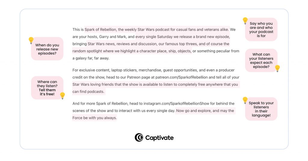 The transcript for the Spark of Rebellion podcast:
This is Spark of Rebellion, the weekly Star Wars podcast for casual fans and veterans alike. We are your hosts, Garry and Mark, and every single Saturday we release a brand new episode, bringing Star Wars news, reviews and discussion, our famous top threes, and of course the random spotlight where we highlight a character place, ship, objects, or something peculiar from a galaxy far, far away.

For exclusive content, laptop stickers, merchandise, guest opportunities, and even a producer credit on the show, head to our Patreon page at patreon.com/SparkofRebellion and tell all of your Star Wars loving friends that the show is available to listen to completely free anywhere that you can find podcasts.

And for more Spark of Rebellion, head to instagram.com/SparkofRebellionShow for behind the scenes of the show and to interact with us every single day. Now go and explore, and may the Force be with you always.