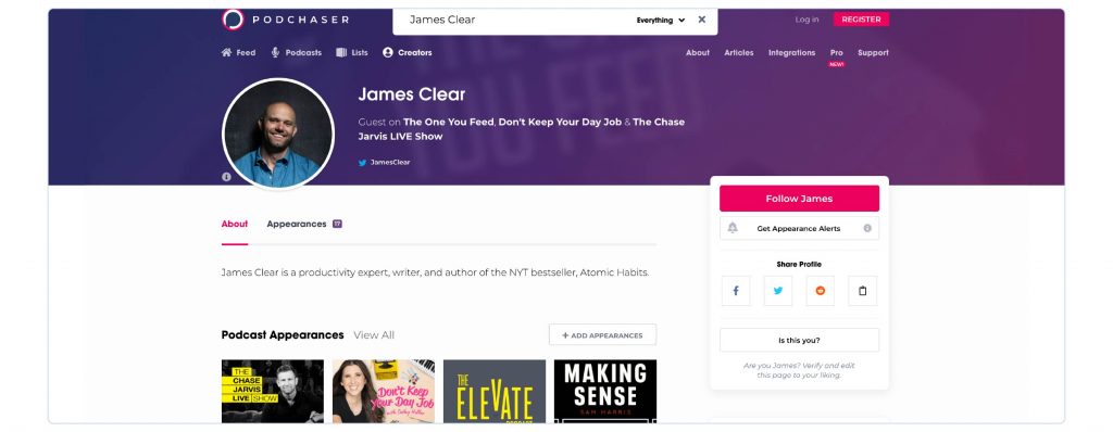 A screenshot of James Clear's Podchaser profile showing his podcast guest appearances.