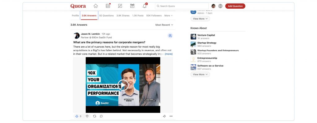 A screenshot of Jason Lemkin's Quora answers page.