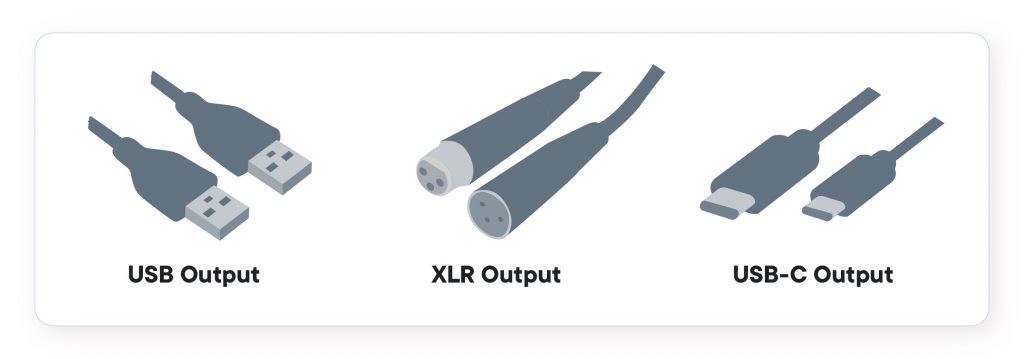 Image shows the 3 different styles of cables and outputs for podcast microphones: USB outputs, XLR outputs and USB-C outputs.