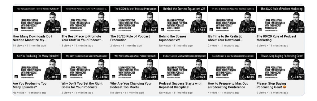 A screenshot of the Rebel Base Media YouTube channel showing 12 auto-published podcast episodes, some have 0 views, some have 2 or 3.
