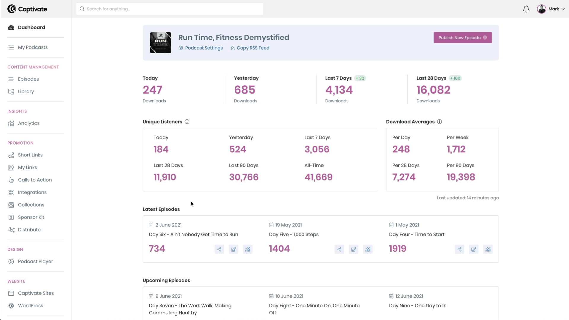 A gif showing Captivate's new omni-search tool, demonstrating how to search for a team member, analytics feature and select a podcast in seconds.