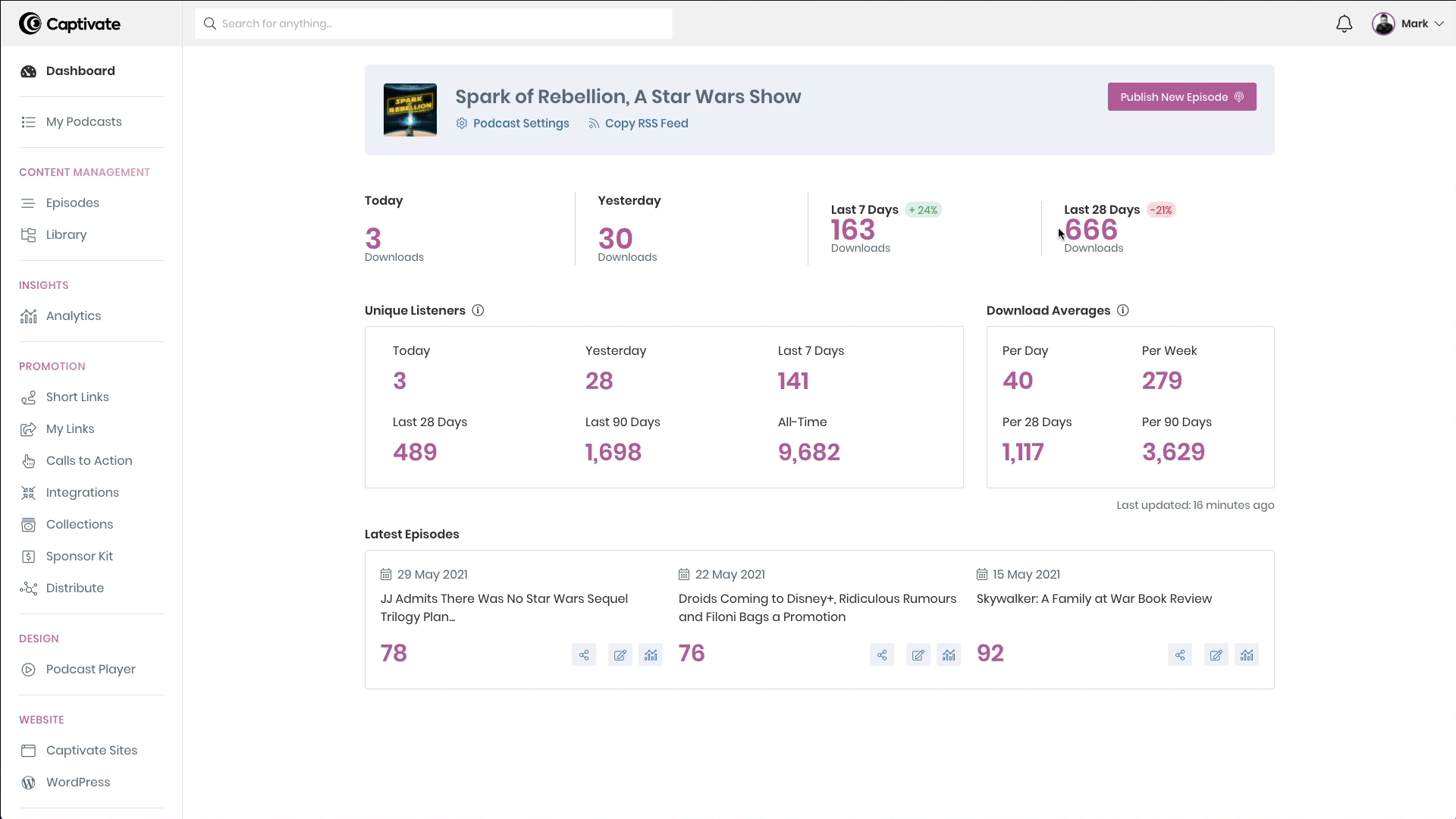 A gif showing the new my links screen within Captivate, where you can manage directory links, your single promotional link and social links.