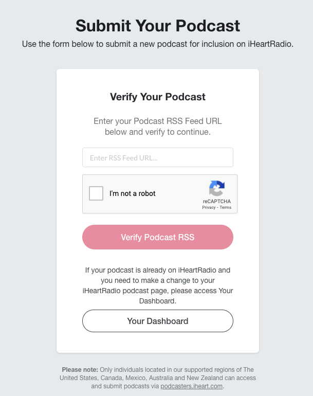 The iHeartRadio submission form, prompting the user to verify their podcast RSS url. 