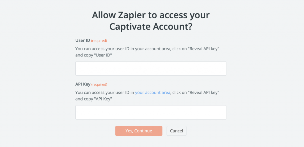 A screenshot of Zapier prompting the user to paste in their Captivate user ID and API key, retrievable from Captivate under My Account > API Key