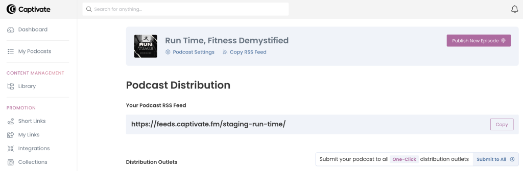 Screenshot of Captivate Distribute dashboard, showing the podcast RSS feed for copying.
