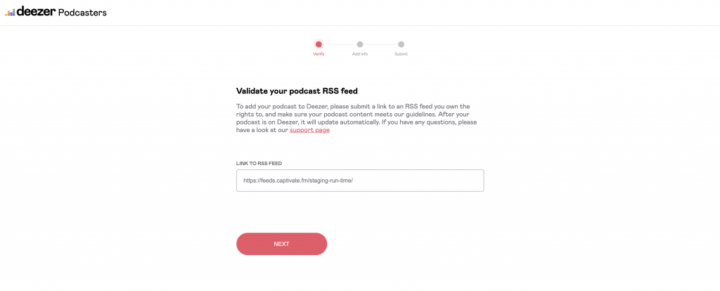 Screenshot of Deezer Podcasters prompting user to validate the podcast RSS feed 