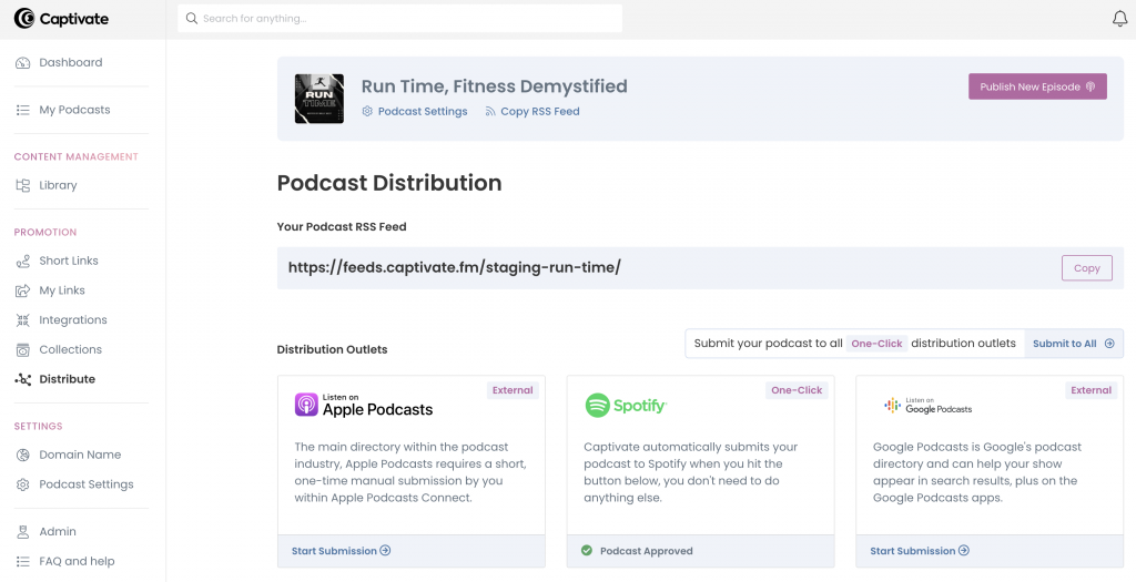 A screenshot of Captivate's Podcast Distribution dashboard showing a successful submission to Spotify using the one-click submission.