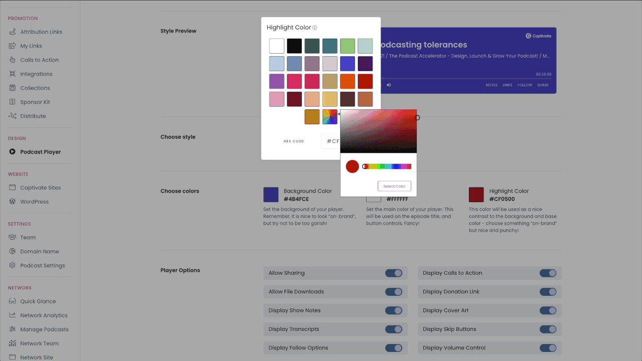 Captivate Podcast Player Settings