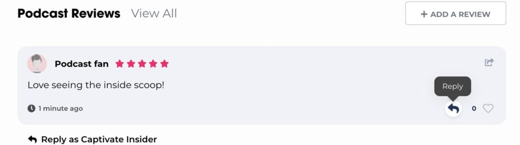 podcasters reply button on podcasher reviews screenshot