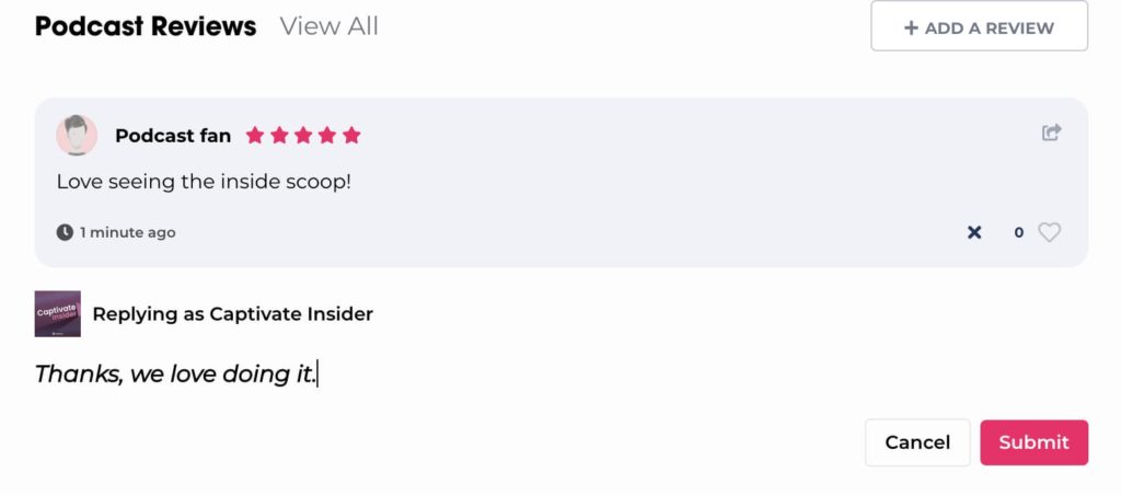 podcasters submitting a reply to podchaser review screenshot