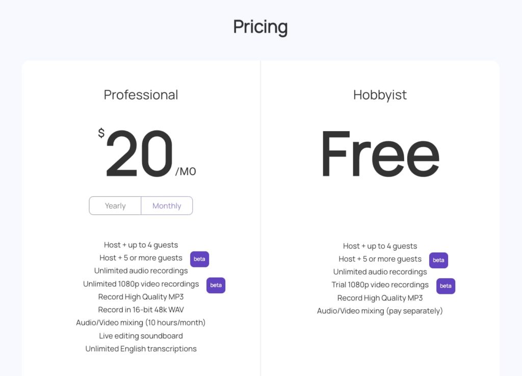 Zencastr pricing plans.