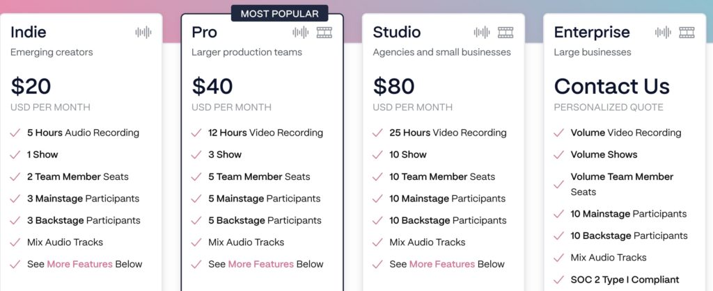 SquadCast's pricing plans.