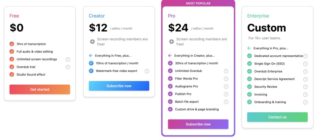 Descript's pricing plans.