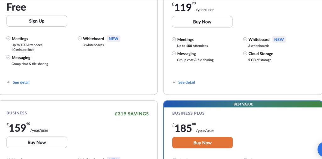 Zoom's pricing plans.