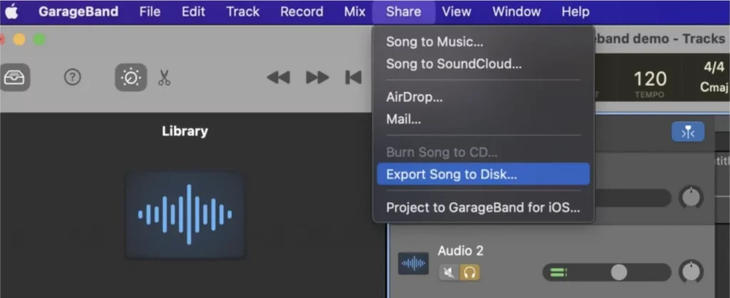 Export song to disk in GarageBand