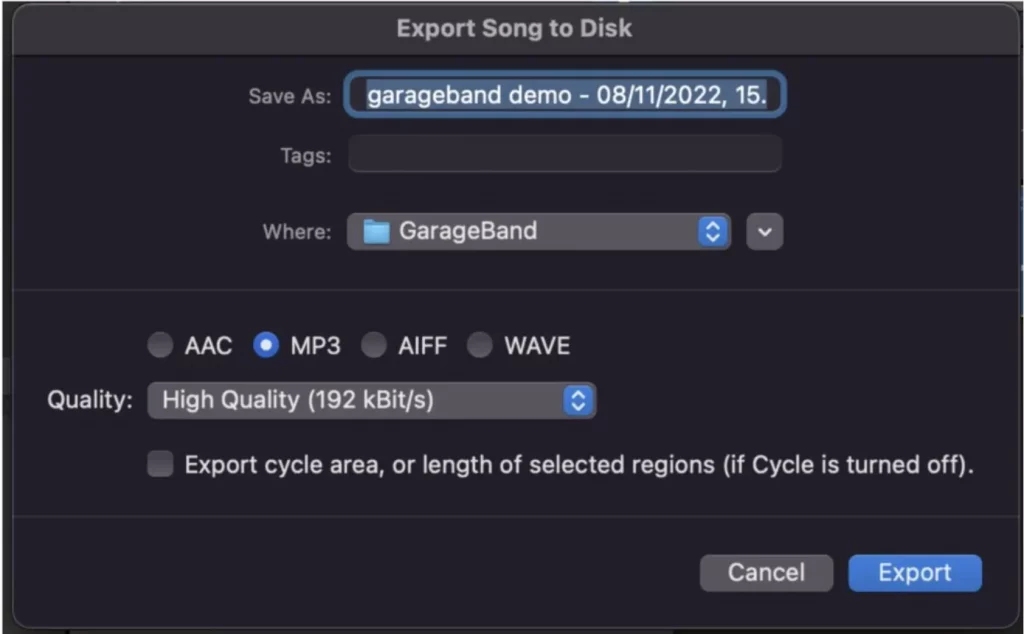 Export song to disk in GarageBand and save