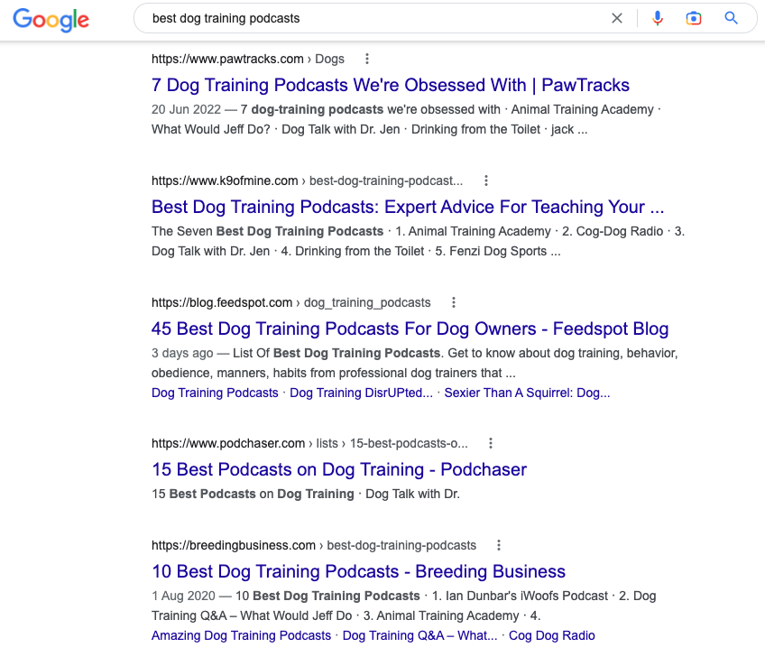 Listicles in Google for search query best dog training podcasts