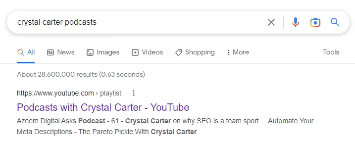 YouTube showing as a result for search term 'crystal carter podcasts' in Google