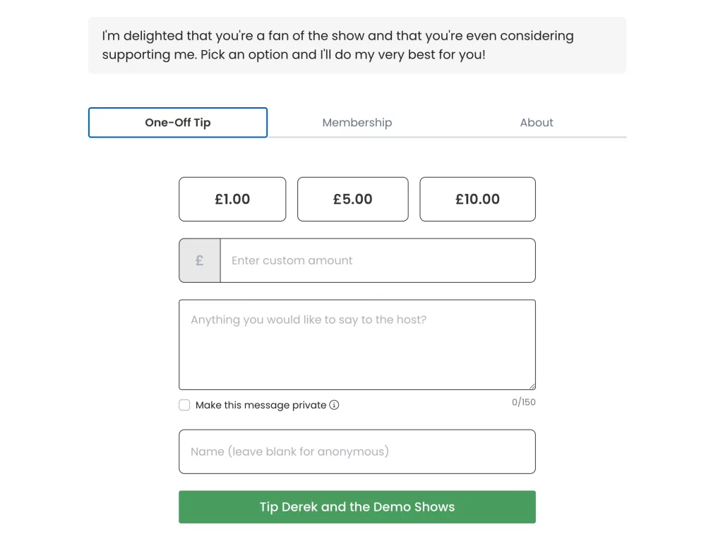 Tipping support page for listeners to give one off donations to a podcast on Captivate