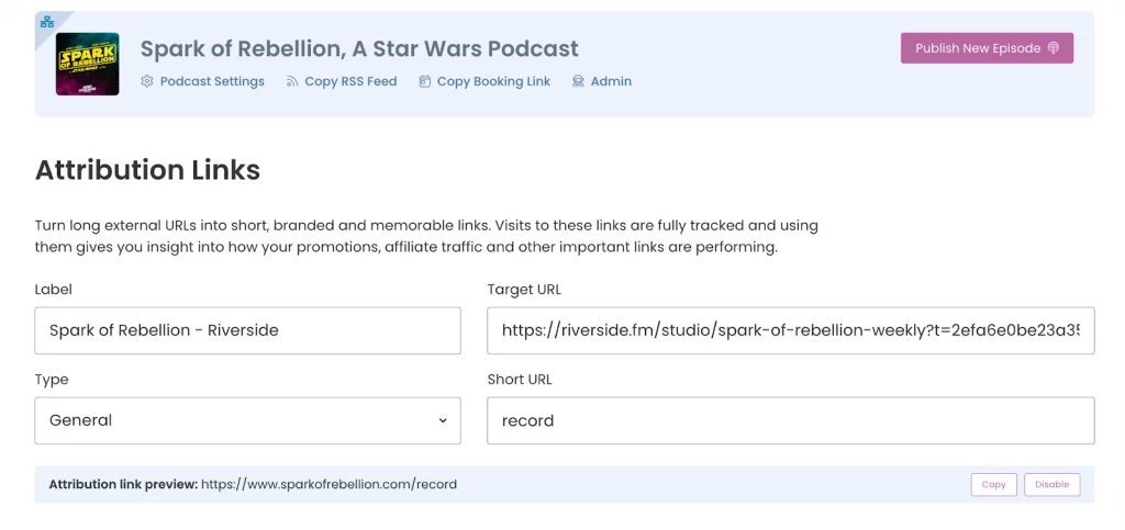 Attribution Links for Spark of Rebellion podcast in Captivate's dashboard