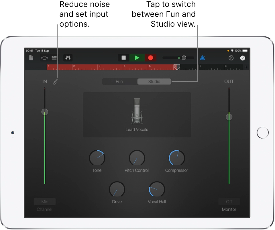 Studio settings in Garageband Audio Recorder on iPad