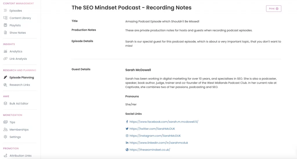 Episode and podcast guest details in Captivate dashboard