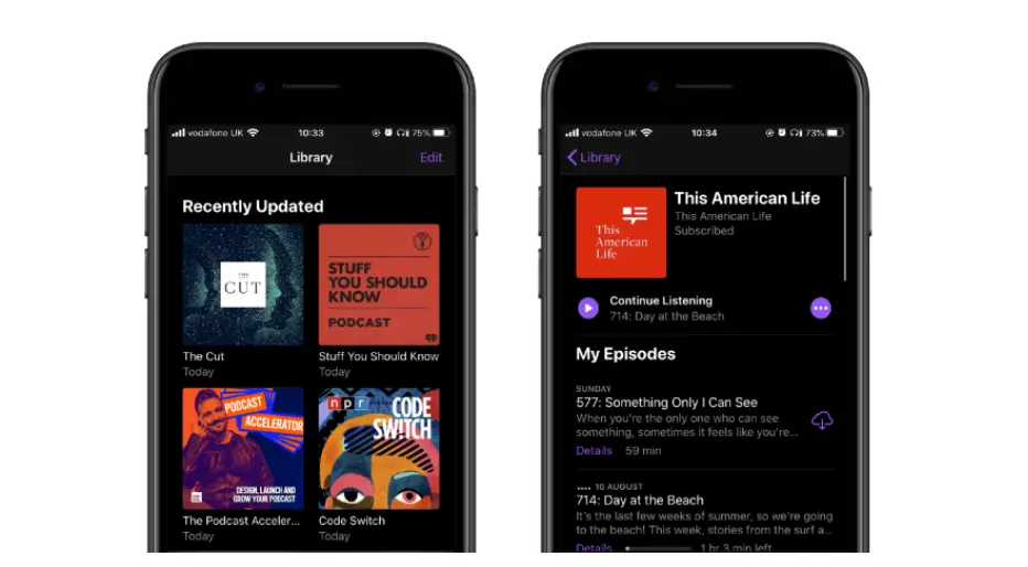 Image depicting how podcast artwork displays on an iPhone, within the main Apple Podcasts library and at episode level. Make sure your artwork is still legible at such a small scale.