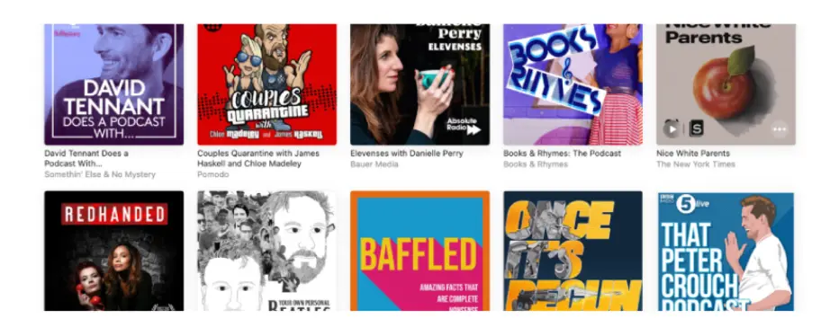 A screenshot of Apple's New & Noteworthy page depicting 10 podcast covers.
