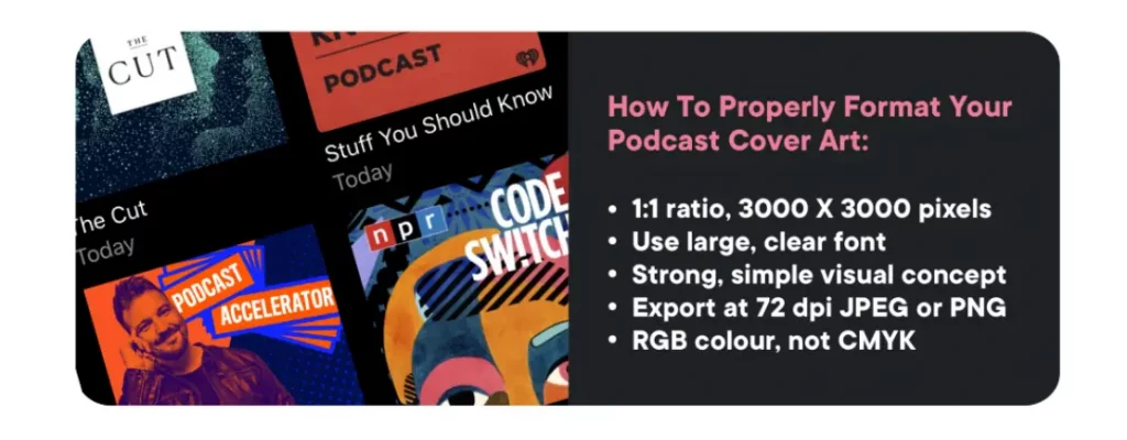 How to properly format your podcast cover art: 1:1 ratio, 3000 x 3000 pixels. use large clear font. strong simple visual concept. export at 72 dpi jpg or png. rgb colour not cmyk.
