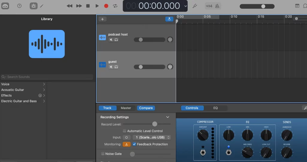 GarageBand's UI, showing some empty audio tracks and effect options